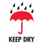 A red umbrella illustration with black raindrops is above bold black text, KEEP DRY, similar to the MH-USA 3 x 4 - Keep Dry Labels (500/Roll), on a white background.