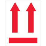 The MH-USA 3 x 4 labels show two red upward arrows on a white background above a bold red bar, indicating package orientation. Ideal for fragile items, each roll includes 500 essential labels.