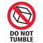 A 3x4 label from MH-USA depicts a red prohibition icon over an outlined cube, reading DO NOT TUMBLE in bold black below. Comes in rolls of 500 labels.