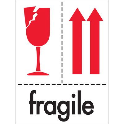 IPM319.jpg A sign with a red broken wine glass on the left, two red upward arrows on the right, and fragile in bold below resembles MH-USA 3 x 4 - Fragile Labels (500/Roll).