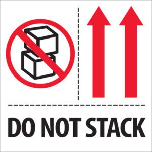 The MH-USA 4 x 4 Do Not Stack Labels (500/Roll) include a bold message DO NOT STACK, a crossed-out stacked boxes image, and two upward-pointing red arrows.