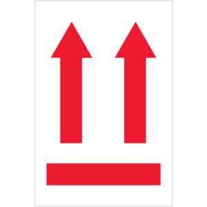The MH-USA 4 x 6 labels, featuring two red upward arrows above a red bar on white background, come in rolls of 500 and provide clear This Side Up directional cues for packages.
