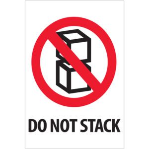 A red circle with a diagonal line and two stacked boxes signals no stacking. Below, bold black text states DO NOT STACK, matching the MH-USA 4 x 6 - Do Not Stack Labels (500/Roll) for effective warehouse communication.
