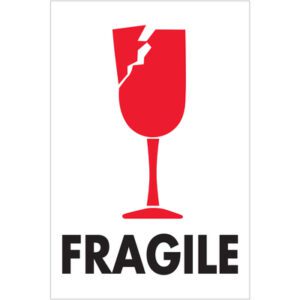 A red broken wine glass icon sits above the bold black word FRAGILE on a white background, similar to MH-USAs 4 x 6 Fragile Labels (500/Roll) that ensure careful handling of your items.