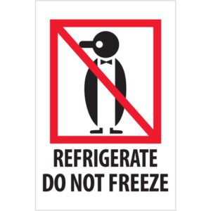 The MH-USA 4 x 6 - Refrigerate - Do Not Freeze Labels (500/Roll) feature a penguin graphic with a red prohibition symbol and text REFRIGERATE DO NOT FREEZE, ensuring items are kept in the refrigerator, not the freezer.