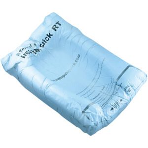 The Instapak Quick® RT heavy-duty expandable foam bags, measuring 18 x 16 and blue with printed instructions and branding, inflate with slight wrinkles for secure cushioning. Sold in bulk packs of 150 per case, they provide excellent item protection.