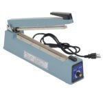 The Vestil Impulse Bag Sealer with an 11.5-inch seal width is blue with a black handle, features a power cable, side control dial, and specification label, making it ideal for efficiently sealing plastic bags.