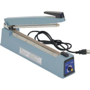 The Vestil Impulse Bag Sealer with an 11.5-inch seal width is blue with a black handle, features a power cable, side control dial, and specification label, making it ideal for efficiently sealing plastic bags.