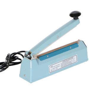 The Vestil Impulse Bag Sealer with a 7.5-inch seal width comes in teal and has a black handle. This electric impulse heat sealer is ideal for efficiently sealing plastic bags, featuring a labeled side for easy use.