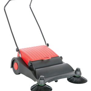The Vestil Manual Brush Sweeper Large Belt Driven is a push sweeper in red and black, featuring a handlebar, two large circular rotating brushes at the front, and sturdy wheels for smooth maneuverability, making it ideal for efficient outdoor cleaning.