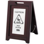 The MH-USA Wooden Wet Floor Sign is a 2-sided stand featuring Caution Wet Floor messages and slipping person icons in a triangle, with warnings in English, Spanish, and French.