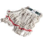 The Rubbermaid® Swinger Loop® Wet Mop Head - White, 16 oz. (6/Case) features long cotton strings and a red CAUTION WET FLOOR band, set against a white background with an attached top-edge tag.