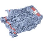 The Rubbermaid® Swinger Loop® Wet Mop Large Head - Blue, 24 oz. (6/Case) features long, looped strands with red bands and displays product labels near the top, ensuring efficient cleaning for any floor surface.