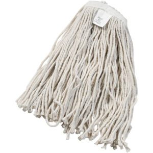 A white MH-USA Cut-End Wet Mop Head with thick cotton strands appears against a plain backdrop, featuring a small label reading Cotton - Lbs20 (12/Case) near the top.