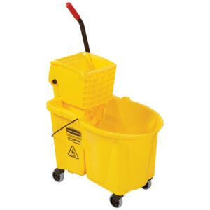The Rubbermaid® WaveBrake® Side Press, 44 Quart Yellow Bucket/Wringer, features a built-in wringer, black wheels, a red handle, and a caution symbol for efficient cleaning.