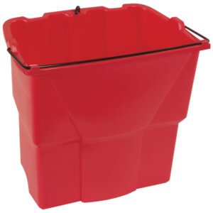 The Rubbermaid® Dirty Water Bucket - Red is a red plastic mop bucket featuring a black handle, rectangular shape, and angled sides for efficiency.