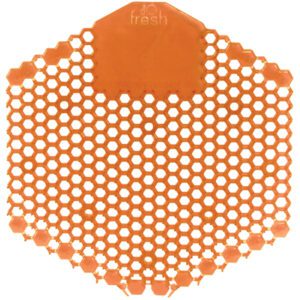 The MH-USA Deluxe Urinal Screen - Mango (10/Case) features an orange, hexagonal-patterned surface with a fresh label, ensuring cleanliness and odor control by fitting flat in the urinal.