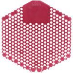 The MH-USA Deluxe Urinal Screen - Spiced Apple (10/Case) has a red, hexagonal-patterned design with a solid top section displaying fresh.
