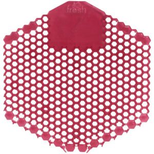 The MH-USA Deluxe Urinal Screen - Spiced Apple (10/Case) has a red, hexagonal-patterned design with a solid top section displaying fresh.