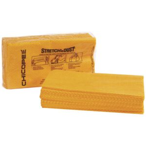 Experience the convenience of Stretchn Dust® Cloths - 24 x 24 in yellow Chicosep, complete with illustrated instructions for effortless use. Available in cases of 100.