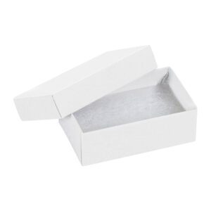 An open, small rectangular white gift box with its lid slightly tilted to the side, revealing the empty interior. The MH-USA 2 1/2 x 1 1/2 x 7/8 White Jewelry Box (100/Case) stands elegantly against a plain white background, ready for your treasures.
