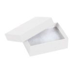 The MH-USA jewelry box, measuring 3 1/16 x 2 1/8 x 1, boasts a sleek open design with a plush fuzzy interior, ideal for treasures. Its minimalist white background enhances the elegance of this high-quality packaging, available in cases of 100.