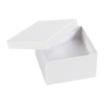 A MH-USA 3 1/2 x 3 1/2 x 2 White Jewelry Box with a slightly open lid reveals an empty interior lined with soft white material, elegantly positioned against a plain white background.