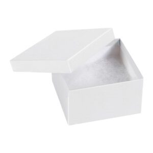 A MH-USA 3 1/2 x 3 1/2 x 2 White Jewelry Box with a slightly open lid reveals an empty interior lined with soft white material, elegantly positioned against a plain white background.