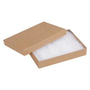 The 5 1/4 x 3 3/4 x 7/8 Kraft Jewelry Boxes are open rectangular brown cardboard boxes with separate lids, white cotton padding inside, and a classic design. Sold in cases of 100, they are perfect for showcasing your finest pieces.