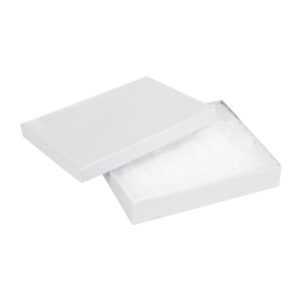 An open MH-USA 6 x 5 x 1 White Jewelry Box, slightly angled, displays a soft white cotton layer inside, ideal for showcasing treasures. The simple white background highlights the boxs elegant simplicity.