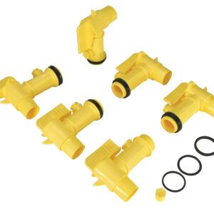 A set of six Vestil Jumbo Manual Drum Faucet connectors for 2-inch bungs is displayed on a white background. These yellow plastic connectors have threaded ends, lever handles for flow control, and include three black rubber O-rings.