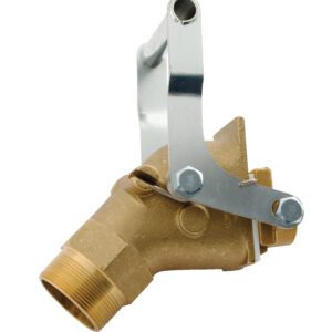 The Vestil Manual Drum Faucet Jumbo Brass 2 In Bung is a mechanical valve with a diagonal metal lever, brass color, threaded end, and mounting holes, ideal for plumbing or industrial use.