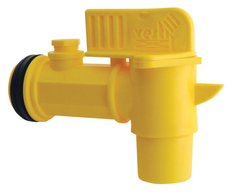 The Vestil Jumbo Manual Drum Faucet, with a yellow plastic build and 2 bung size, features a side knob, cylindrical opening, textured details, and a top ridge for grip.