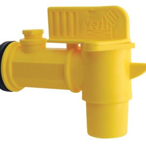 The Vestil Jumbo Manual Drum Faucet, with a yellow plastic build and 2 bung size, features a side knob, cylindrical opening, textured details, and a top ridge for grip.