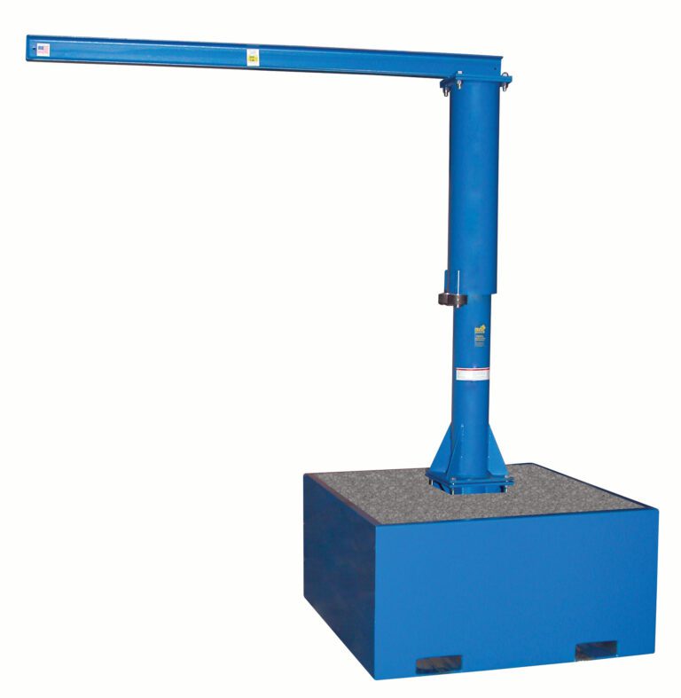 JIB-CB-25-10-10-BC_A.jpg The Vestil Port Jib 250 Capacity 10 Ft Ibeam W/Filled Base is a blue industrial jib crane with a square base, perfect for lifting and moving heavy objects due to its stable base and adjustable arm.