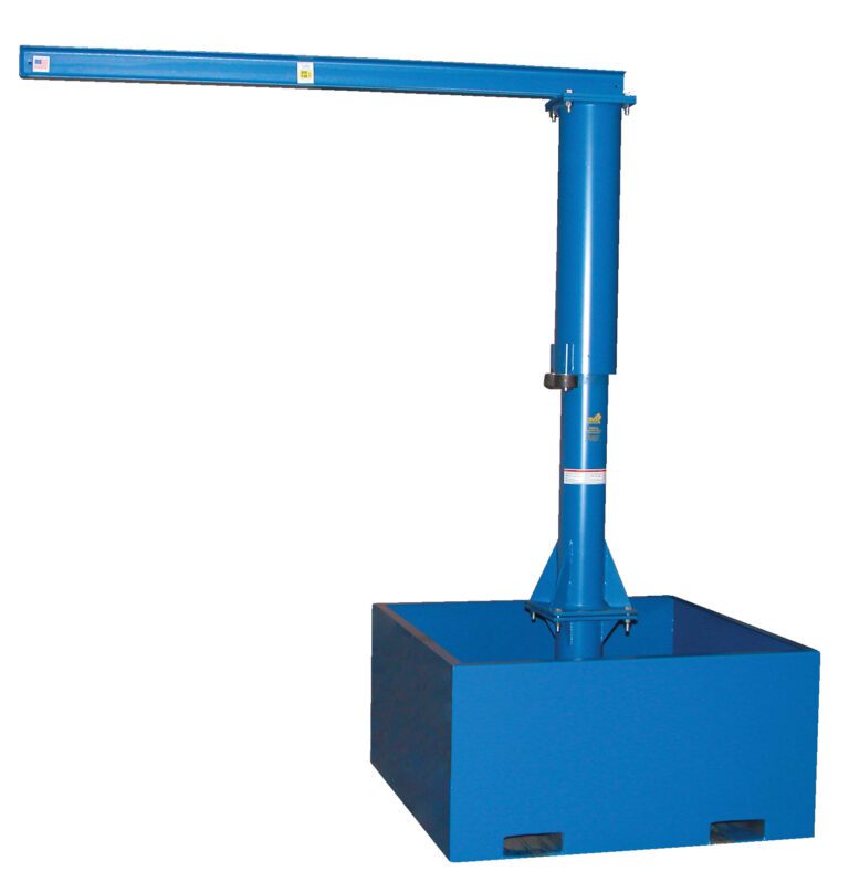 JIB-CB-25-10-10_A.jpg A freestanding jib crane modeled after the Vestil Port Jib 250 Capacity 10 Ft Ibeam W/Empty Base, with a rectangular base, vertical support column, and horizontal arm for lifting or moving heavy loads in industrial settings.