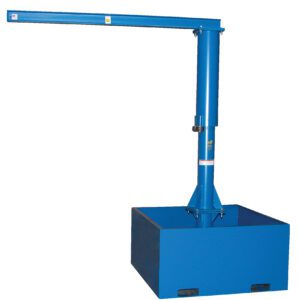 The blue Vestil Port Jib 500 industrial crane features a sturdy 10 ft I-beam and an empty base. It includes a vertical post, horizontal arm on a square base with forklift slots, ideal for heavy lifting in workshops or warehouses.