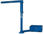 The Vestil Port Offset Jib 250 Cap 8Ft Ibeam W/Empty Base features an industrial blue metal stand with a horizontal beam on a vertical post, includes a bubble level gauge for precision, and has an empty rectangular base at the posts bottom.