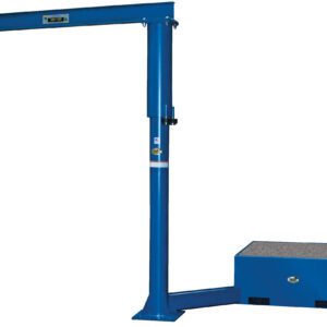 An industrial blue vehicle lift has a vertical support column, a horizontal arm with a level indicator, and uses a textured Vestil Additional Offset Steel Base 36 In. Filled W/Concrete for stability in heavy-duty operations.