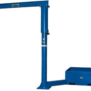 A blue tire changer with a vertical column and horizontal arm offers precision like the Vestil Port Offset Jib 500 Cap 8Ft Ibeam W/Empty Base, featuring a sturdy rectangular platform for tire support and visible controls for efficient operation.