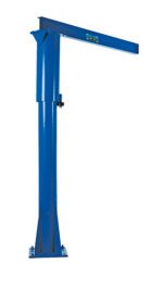 The Vestil Floor Mounted Jib 1000 Lb Capacity is designed in blue with a tall vertical column and horizontal arm, enabling the lifting and moving of heavy items in workspaces. Its base is securely bolted to the floor for enhanced stability.