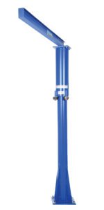 A tall blue metal post on a flat base, featuring a top horizontal beam similar to the Vestil Floor Mounted Jib 300 Lb Capacity, resembles an industrial barrier.