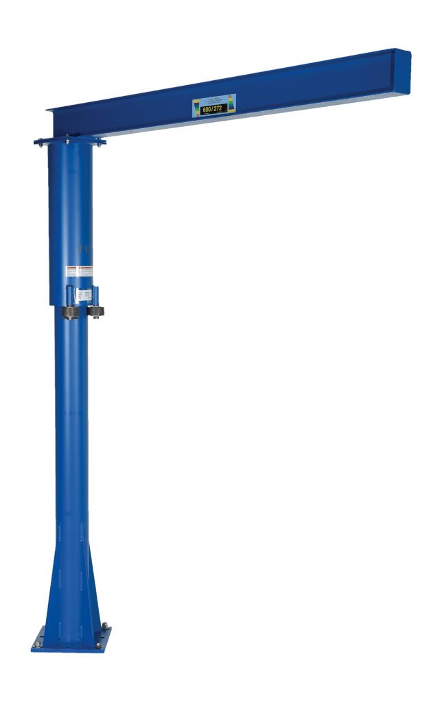 The blue industrial-design Vestil Floor Mounted Jib, with a 600 lbs capacity, has a tall cylindrical column and a long horizontal arm for lifting. The base bolts securely to the ground, and the arm extends outwards for efficient material handling.