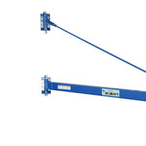 The industrial lifting beam with hooks, a rod, metal attachments, and a label is similar to the durable Vestil Wall Mount Jib High Clearance 2000 Lb model. Its isolated on a plain white background.