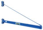 The Vestil Wall Mount Jib High Clearance 300 Lb features a blue metal bracket with a long reinforced arm, two mounting plates, and a diagonal support rod for stability, labeled 300/136 to indicate its 300 lb capacity.