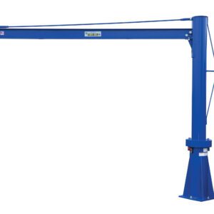 The Vestil Multi Station Jib Crane 1K 120 X 95.82 features a tall blue frame, with a long horizontal arm and sturdy vertical support post, providing stability for various lifting tasks against a plain white backdrop.