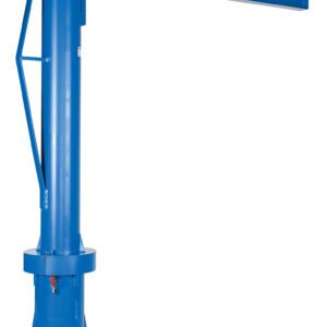 The Vestil Multi Station Jib Crane 1K 72 X 95.82 features a blue cylindrical post with a horizontal arm extending right, mounted on a square base. The manufacturers label is visible on the arm, detailing its 1K capacity and dimensions of 72 x 95.82.