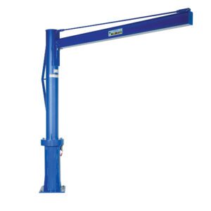 The Vestil Multi Station Jib Crane 1K 96 X 95.82 features a sturdy base, vertical support column, and a horizontal beam for lifting heavy loads efficiently in industrial settings, all against a plain white background.