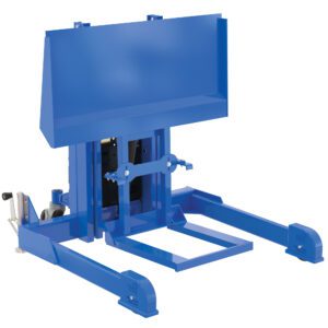 The blue Vestil Multi-Purpose Tote Dumper 48 In Dump is an industrial machine for handling and lifting, featuring a robust metal frame, adjustable components, large front panel, and side lever for precise operational control.