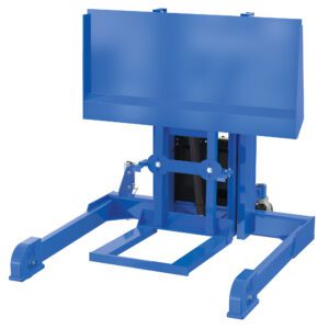 This blue industrial component mirrors the Vestil Multi-Purpose Tote Dumper 60 In Dump, with a rectangular frame, two curved support arms, adjustable height/angle mechanisms, and a sturdy base on a crisp white background.